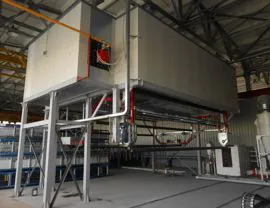 Powder painting booth with dust recovery placed on motorized base and bell-type polymerization oven