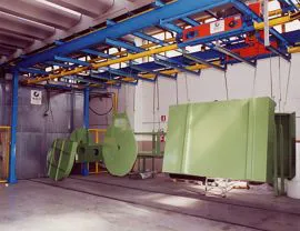 Powder coating plant with overhead conveyor with two parallel lines for pieces up to 8,000 mm in length