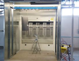 Horizontal air flow powder coating booth
