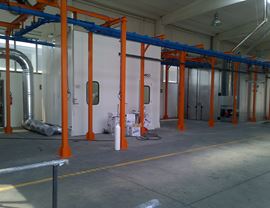 Hangers with a length of 5,000 mm and pneumatic exchanges, powder coating booth and static polymerization oven