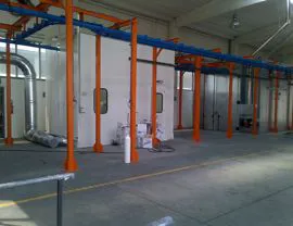 Bilancelle Lu 5.000 mm e scambi pneumatici, cabina di verniciatura polveri e forno statico di polimerizzazione