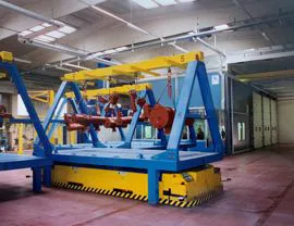 Ricollocamento dei pezzi verniciati ed essiccati  in zona scarico tramite navetta automatizzata e filoguidata a pavimento